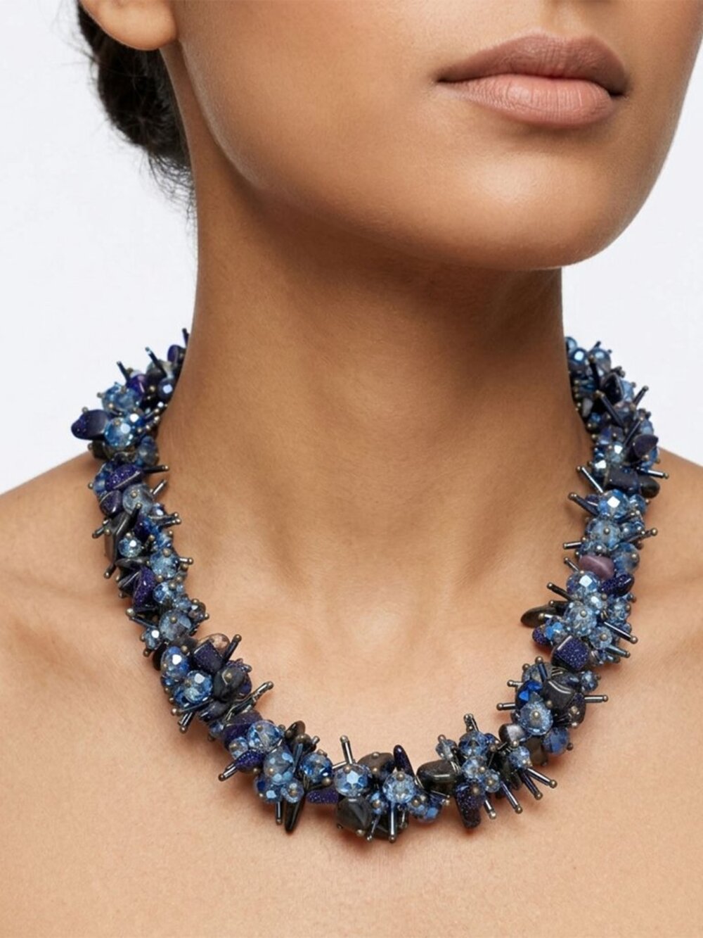 Vintage Blue Chunky Beaded Cluster Statement Choker Necklace Avant Garde